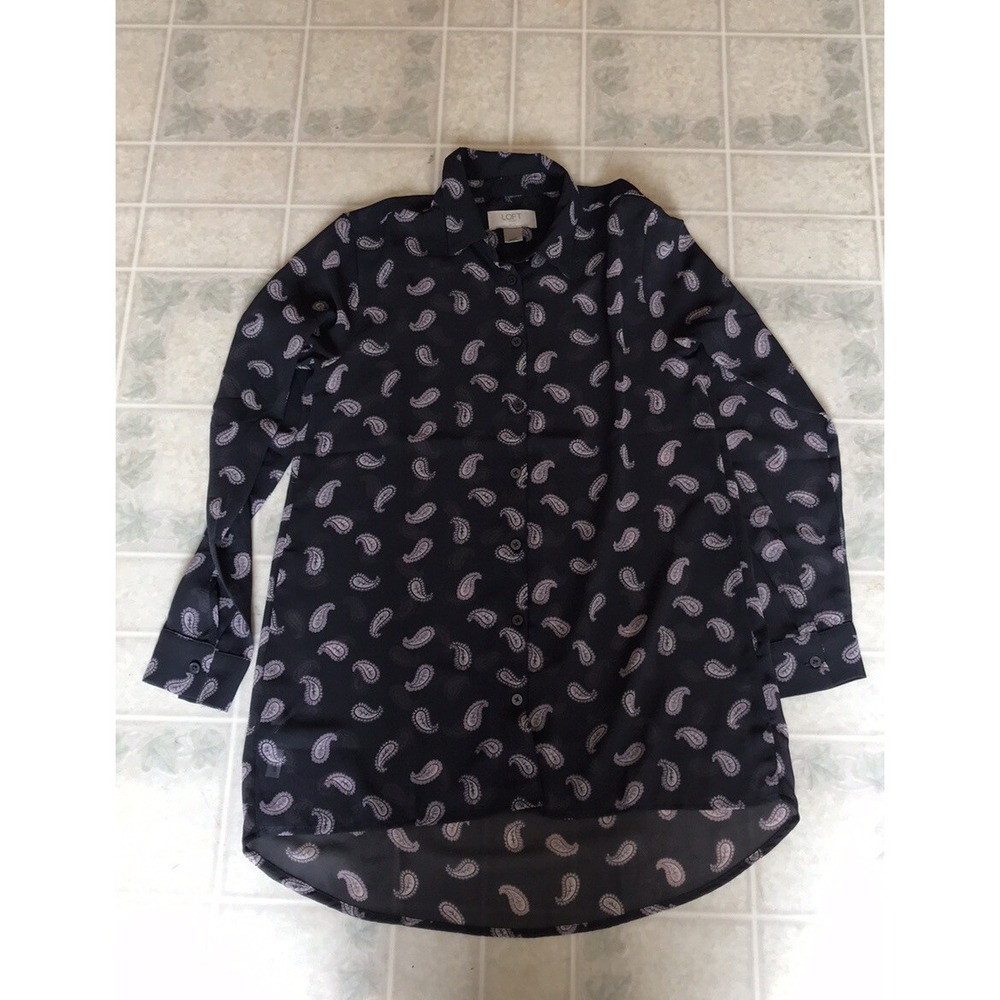 LOFT Gray Purple Paisley Collared Button-down Shirt Semi Sheer